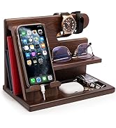 Wooden desk organizer showing multiple views, featuring phone charging capability, storage for watches, phones, and accessories in warm brown finish.