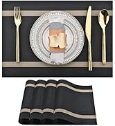 SLKQG Black Placemats Set of 4 - Easy Clean Modern Durable Washable Vinyl Place Mats - Heat Resis...