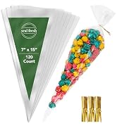 Seal Fresh Cone Cellophane Bags with Twist Ties - 7" x 15" (120 Count) - Clear Cone Shaped Treat ...