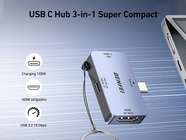 BENFEI USB C Hub 3-in-1, Super Compact, USB-C to HDMI 4K@60Hz, 10Gbps USB-A, 100W Power Delivery