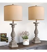 BOBOMOMO 27" Farmhouse Table Lamps with USB-A +C Ports, Vintage Rustic Lamps for Living Room, Lin...