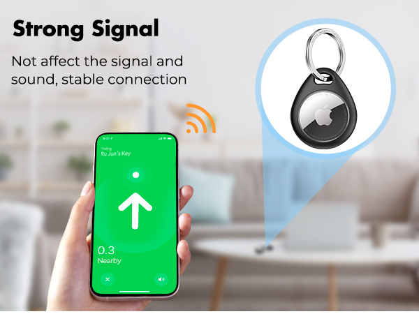 Smartphone displaying green screen with arrow and signal icon, connected to a small circular keychain device. Text highlights 'Strong Signal' and stable connection feature.