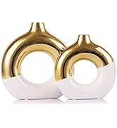 White and Gold Ceramic Vase Set of 2, Flower Vase for Home Decor, Donut Vase for Shelf, Modern Bo...