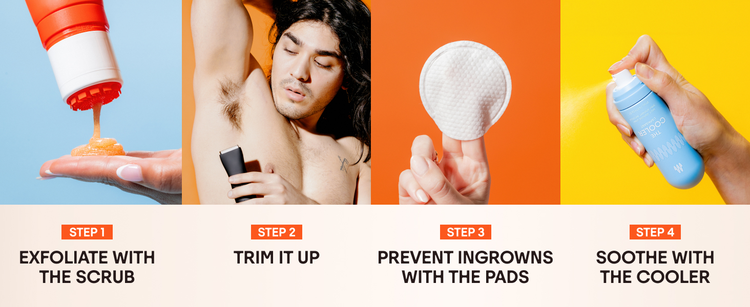 Exfoliate with the scrub, trim it up, prevent ingrowns with the pads, soothe with the cooler