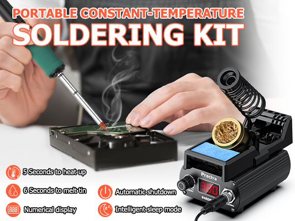 Portable soldering station with digital display, featuring quick heat-up time, automatic shutdown function, and temperature control capabilities. Includes soldering iron and holder.