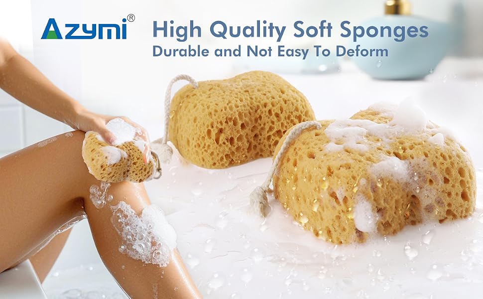 Azumi high-quality soft sponges shown in use. Three yellow sponges displayed, one being used to lather soap on a person's leg. Product described as durable and resistant to deformation.
