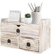 SeekElegant Wood Desk Organizer with Drawer, Vintage Brown Wooden Desktop Organizer, Tabletop Sto...