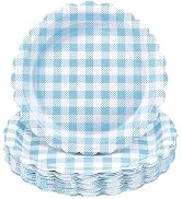 NatNarr 30 Pcs Light Blue Gingham Plates, 9 Inch Scalloped Plaid Camping Dessert Dinner Party Pla...