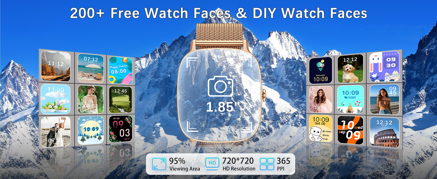Text reads '200+ Free Watch Faces & DIY Watch Faces'. Similar to Image 5, showing smartwatch face designs against mountain backdrop.