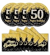 KFJBPB 40 Pcs 50th Birthday Plates and Napkins Party Supplies, Back Gold 50th Dinner Plates Napki...