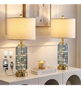 Oneach 24.5" Bedside Table Lamps Set of 2, Blue Coastal Nightstand Lamps with Night Light, USB A+...