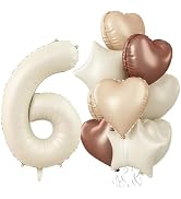 Large Sand White 6 Balloons, Foil Cream Brown Apricot Beige Number 6 Balloons, Tan Heart Balloons...