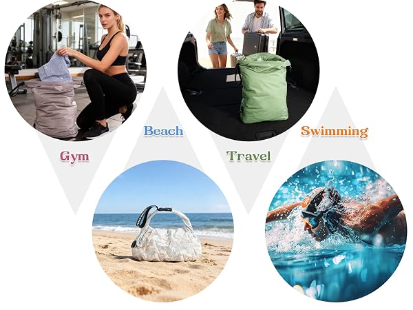 Text reads: 'Gym Beach Travel Swimming'. Circular lifestyle activity icons showing various recreational and fitness scenes.