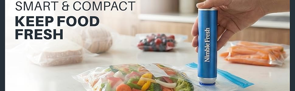 The Nimble Fresh vacuum sealer portrayed vacuuming the vegetables in the sealing bag