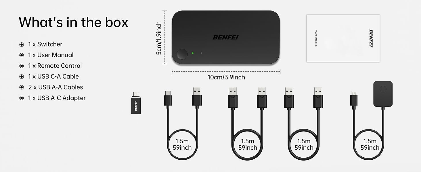 USB hub with 4 ports, accompanied by box contents list and cable diagram showing 4 USB-A to USB-C cables of varying lengths (1.5m, 1.8m, 2m).