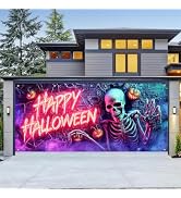 HOMETITUTE Garage Door Cover 13x6ft Polyester Halloween Banner | Polyester, neon skull and pumpki...