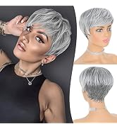FESHFEN Pixie Cut Wigs Synthetic Short Ombre Gray Pixie Haircut Wig with Bangs Glueless Layered W...