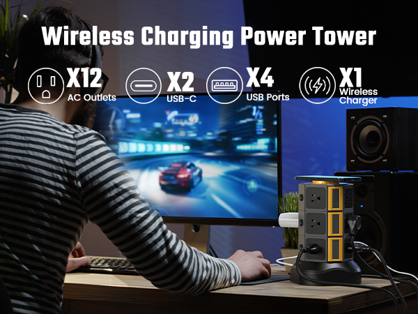 SUPERDANNY Power Strip Surge Protector Tower with 15W Wireless Charger
