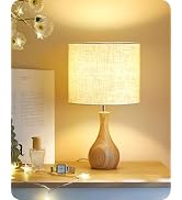 GOEBLESON Small Table Lamp, Wood Desk Lamp with Beige Linen Lampshade & Natural Wood Bottle-Shape...