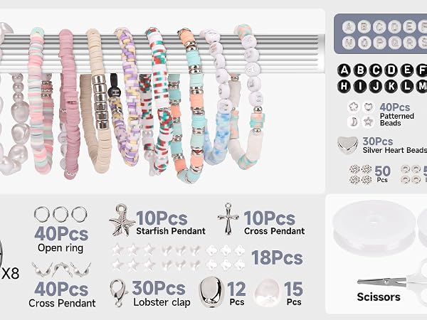 The various bead accessories included in the beading kit are basically silver, pearl and white.