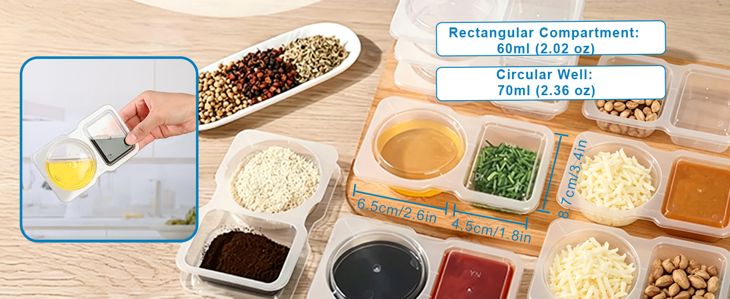 Pure Future 2-compartment containers with clear dimensions, 60ml/70ml capacities