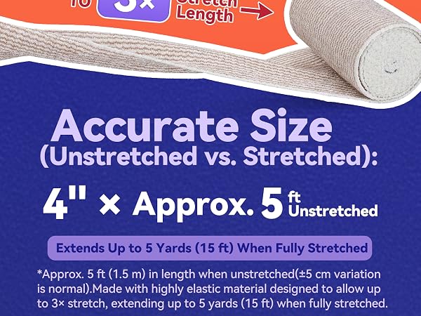 4-inch elastic bandage shown at 5 ft unstretched and up to 15 ft stretched