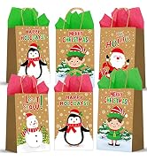 Cute Christmas Kraft Gift Bags with 12 Tissue Paper 4 Patterns Kraft Goody Paper Bags Prints Snow...