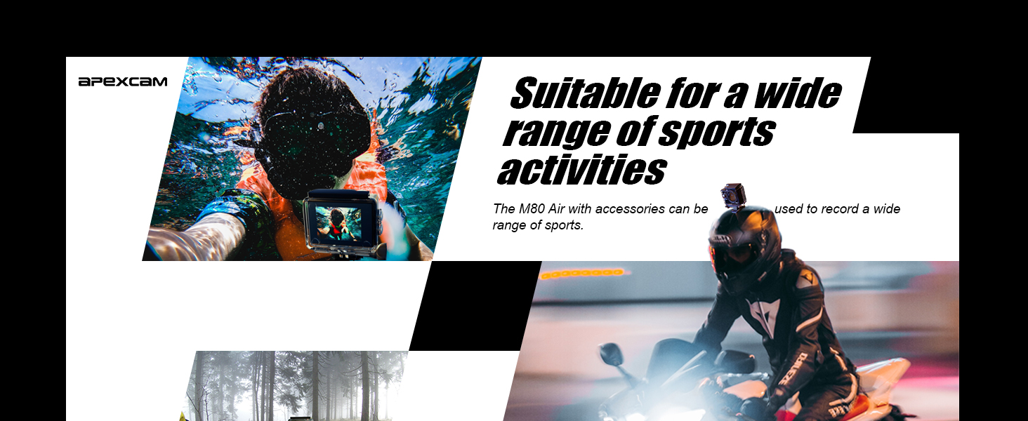Action camera advertisement showing a swimmer underwater and a hockey player on ice, with text stating 'Suitable for a wide range of sports activities'.