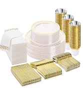 BESTVIP 350PCS Clear Gold Disposable Dinnerware Set (50 Guests), Plastic Plates for Party, Weddin...