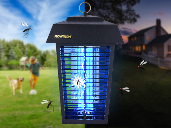 Bug zapper with bright blue light with a split background showing outside during night and day