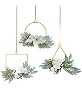 LIUCOGXI Artificial Flower Hoop Wreath Set of 3 Hydrangea Flowers White and Willow Leaves Vine Me...