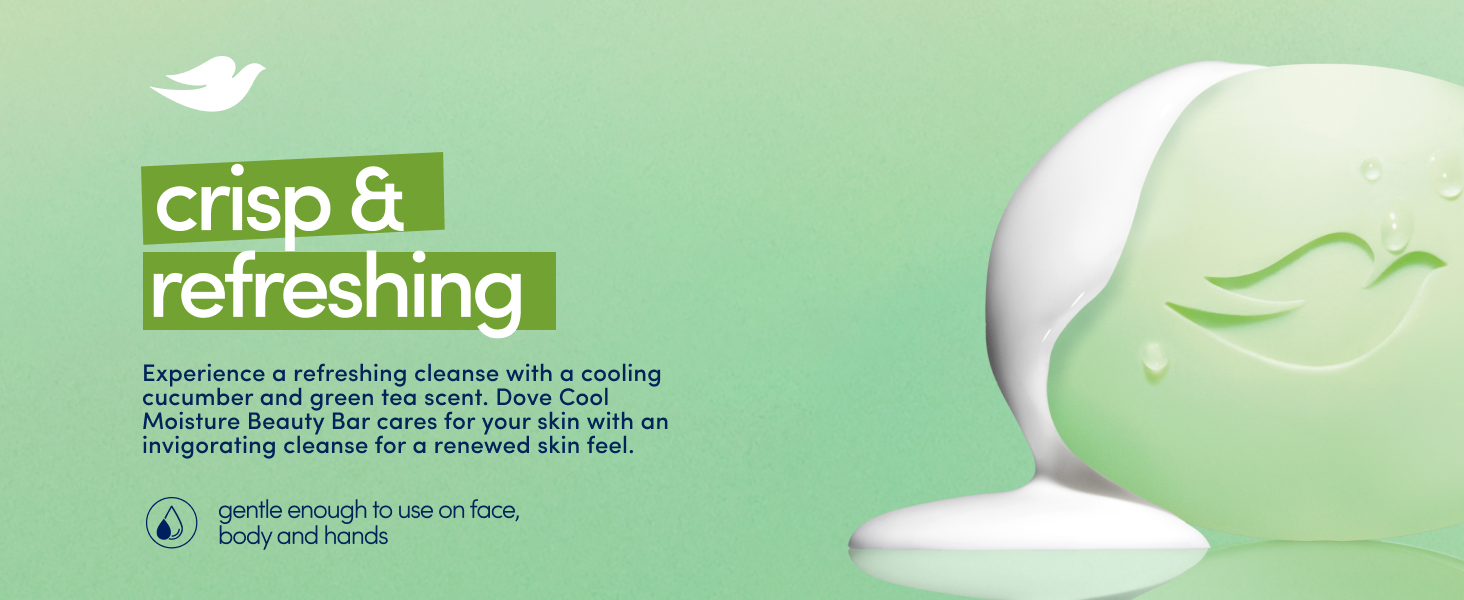 Dove cleansing bar with white cream dripping, set against a light green background with text.