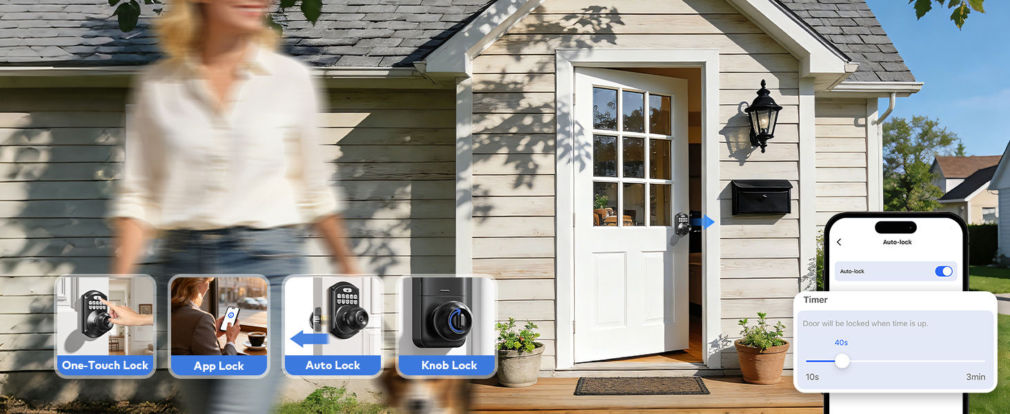 Lock your door via one-touch, auto lock, app control, or interior knob for flexible, secure access