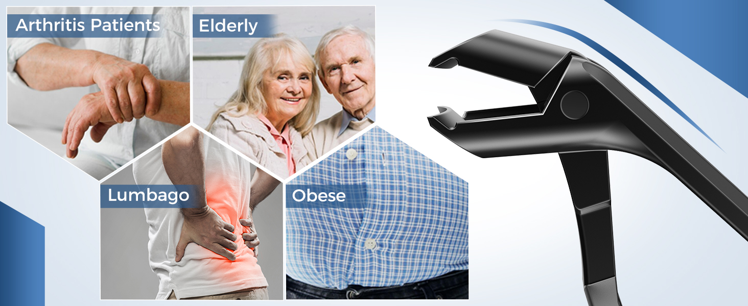 Medical support device advertisement showing various applications for back pain, arthritis, and elderly care. Features black ergonomic design.