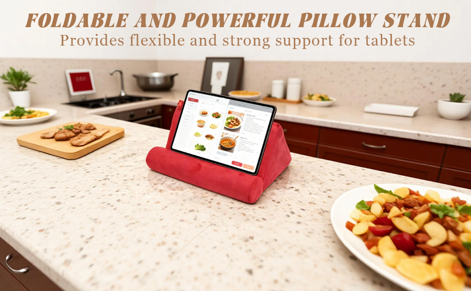 Text reads 'FOLDABLE AND PORTABLE PILLOW STAND Provides flexible size reading support for tablet'. Product shown holding tablet/book with adjustable viewing angles.