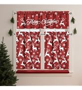 QXWREL Christmas Kitchen Curtains Sets for Windows Merry Christmas Red Elk Snowflake Curtain Sink...