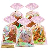SUREHOME Cellophane Bags, 100 Pcs 6x10 Inches Clear Treat Bags with Ties Plastic Gift Bag Hologra...