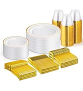 WELLIFE 300 PCS Gold Dinnerware Set for 50 Guests, Gold and White Disposable Plastic Plates for P...