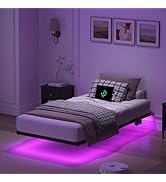YORMDMO Floating Bed Frame Twin Size, Heavy Duty Bedframe with Smart LED Lights & Charging Statio...