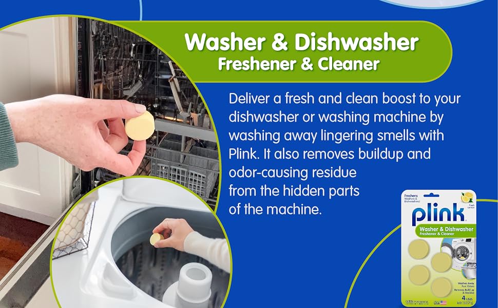 Plink Washer & Dishwasher Freshener cleans and eliminates odor-causing residue from hidden spots