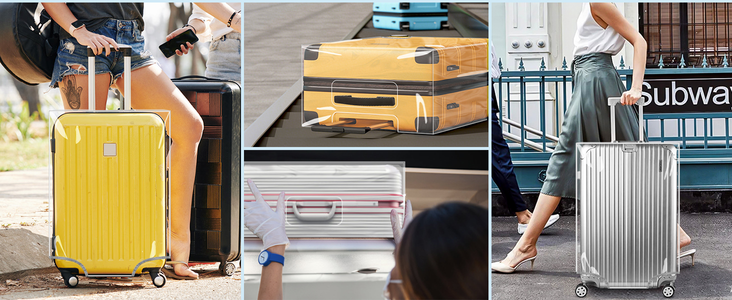 Collage of hardshell luggage in various settings - yellow suitcase being pulled, stacked luggage, and silver rolling suitcase near subway signage.