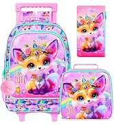 ZLYERT 3Pcs Rolling Backpack for Girls, Fox Roller Bookbag with Lunch Box, Kids School Backpacks ...