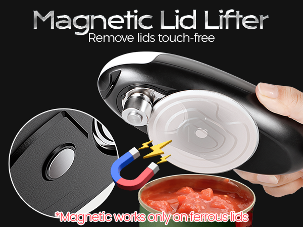 Text reads 'Magnetic Lid Lifter', 'Remove lids touch-free', 'Magnet holds works only on ferrous lids'. Hand holding black magnetic device lifting clear plastic lid from food container with red contents.