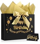 JMANNI Black Gold Happy Birthday Gift Bag with Card and Tissue Paper, 12.6"×9.84"×3.9" Elegant Pr...