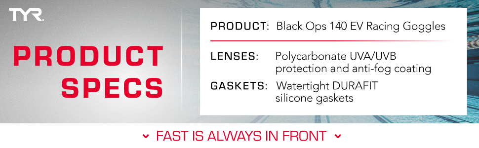 Image of swim goggle specifications with text reading product specs.