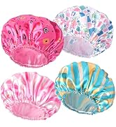 4 PCS Shower Cap for Women, Elastic and Reusable Bath Caps, Double Layers Shower Caps Reusable Wa...