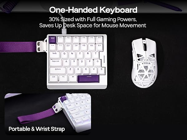 Text reads 'One-Handed Keyboard', '30% Space with Full Gaming Powers', 'Saves Up More Space for Mouse Movement', 'Portable & Wrist Strap'. Compact white gaming keyboard and mouse set.