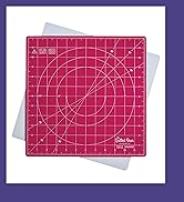 Three rectangular red cutting mats or templates with measurement grid patterns, displayed in purple-bordered frames.