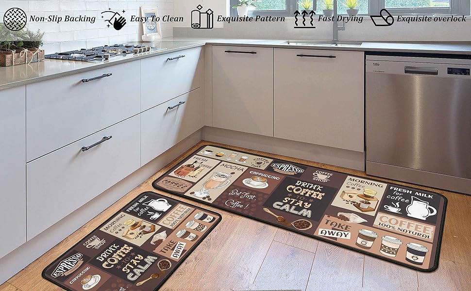 Coffee Kitchen Rugs and Mats Non-Slip, Washable, Stain and Fade Resistant