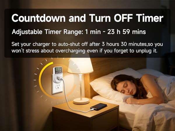 In a bedroom,a table lamp and charging smartphone use timer(auto-shut off after 3 hours 30 minutes)